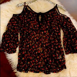 Red and Black Floral Cold Shoulder Top